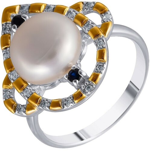 серебряное кольцо с жемчугом корундом кубическим цирконием Кольцо JV, серебро, 925 проба, корунд, жемчуг, фианит, размер 17