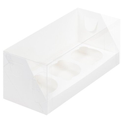 Комплект 25 штук. Коробка на 3 капкейка с пластиковой крышкой РК Белая . Размер: 24х10х10 см