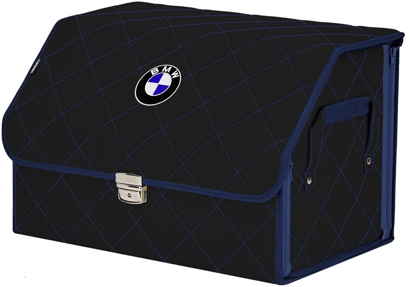 Органайзер-саквояж в багажник "Союз Премиум" (размер L). Цвет: черный с синей прострочкой Ромб и вышивкой BMW (БМВ).