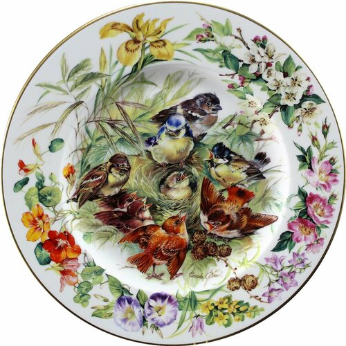 Все птицы собрались вместе, коллекционная декоративная винтажная тарелка из серии "Птичьи семьи", Урсулы Банд (Ursula Band)