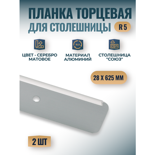 Планка для столешницы Союз 28мм*625мм, торцевая универсальная, R5 - 2 штуки серебристый