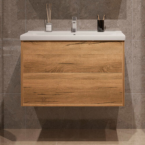 Изображение товара Тумба подвесная SanStar Siva 80 с раковиной Миранда 80 (комплект) для ванной комнаты, Дуб вотан