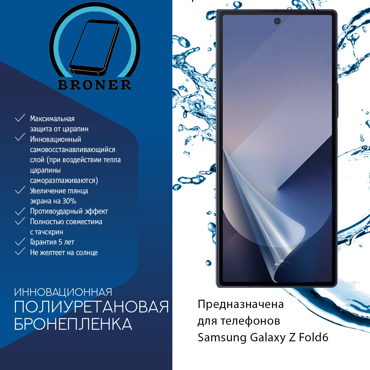 Полиуретановая бронепленка для Samsung Galaxy Z Fold6 / Защитная плёнка на внешний экран, с вырезом под камеру / Глянцевая — фото 1