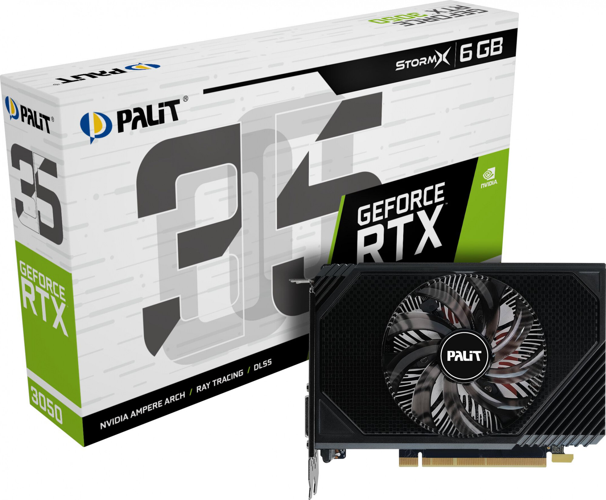 Видеокарта Palit GeForce RTX 3050 STORMX PCIe 4.0 8 ГБ GDDR6, 128 бит, DisplayPort, DVI-D, HDMI,