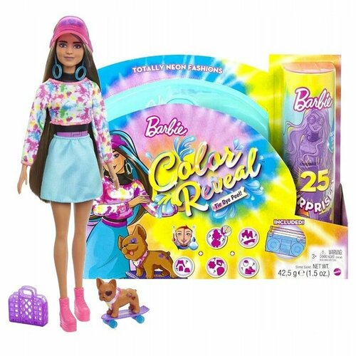 голубой Кукла Barbie Набор Color Reveal Neon Tie-Dye Барби с 25 сюрпризами Неоновая кукла HCD25 1999₽