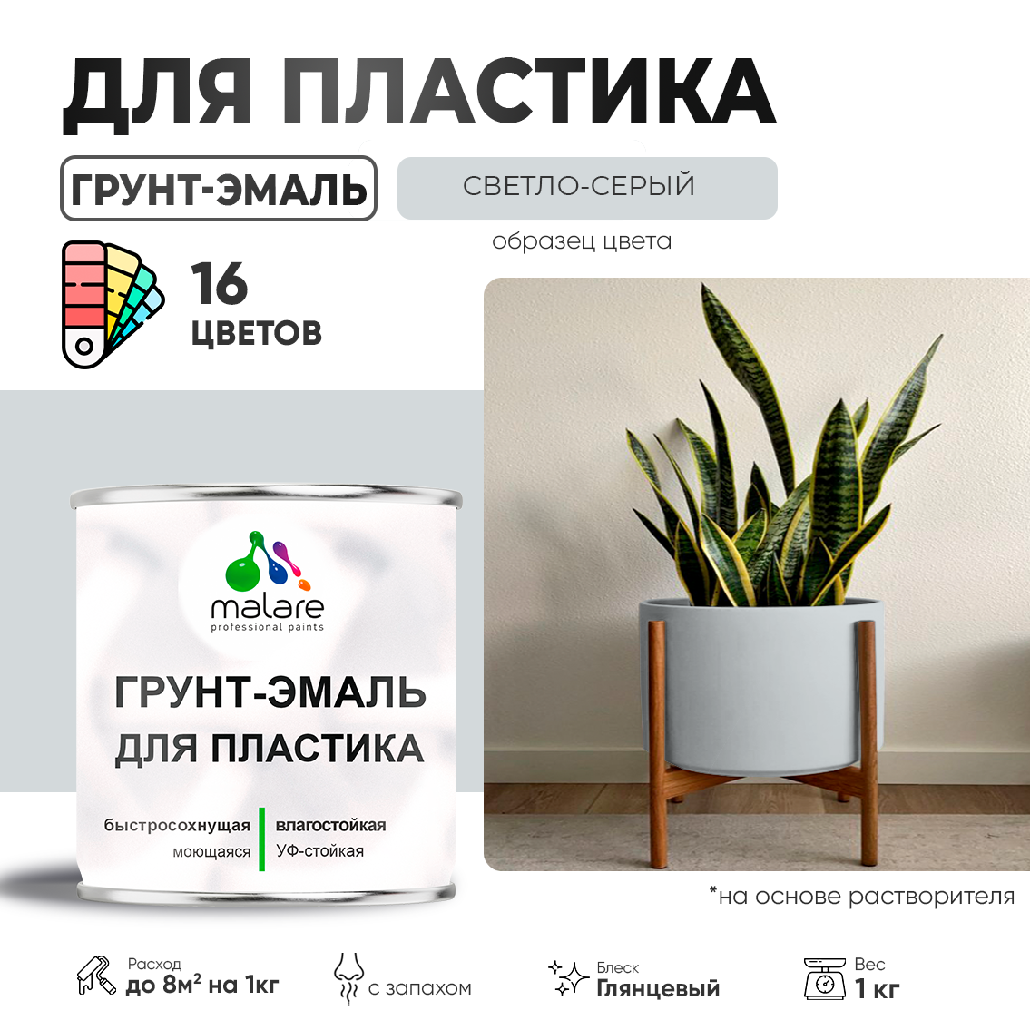 Грунт-Эмаль Краска Malare 3 в 1 для пластика окон и подоконников сайдинга быстросохнущая глянцевый светло-серый 1 кг.