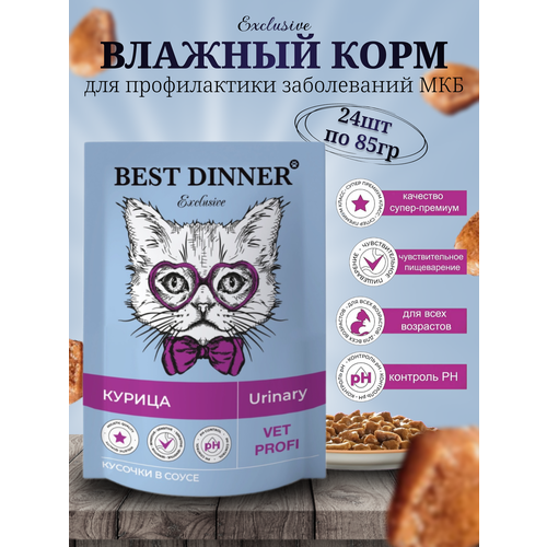 Влажный диетический корм для кошек Best Dinner VET PROFI Urinary кусочки в соусе Курица, 85 г х 24 шт при мочекаменной болезни, пауч (Бест Диннер)