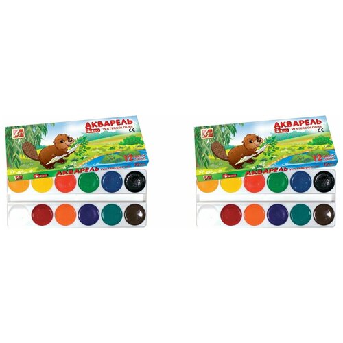 Луч Краски акварельные Zoo (Мини) 12 цветов, картонная упаковка, без кисти, 2 упаковки