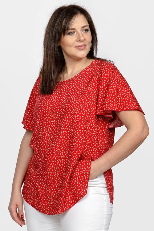 Блуза  SVESTA, повседневный стиль, прямой силуэт, короткий рукав, без карманов, разрез, флористический принт, размер 54, красный