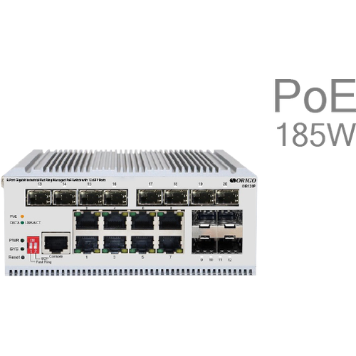 Промышленный управляемый L2 PoE-коммутатор ORIGO OI3120P/185W/A1A 8x1000Base-T PoE+, 12x1000Base-X SFP, PoE-бюджет 185 Вт