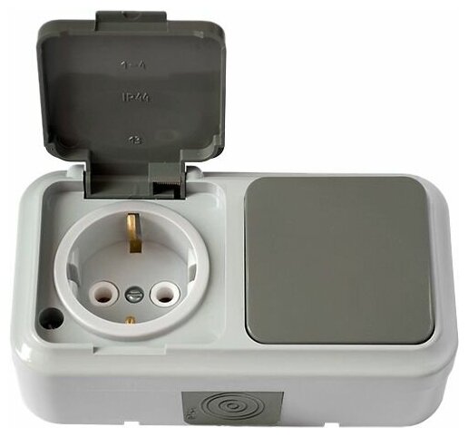 Выключатель с розеткой наружный с заземлением BYLECTRICA Пралеска Аква серый В-РЦ-657(03)