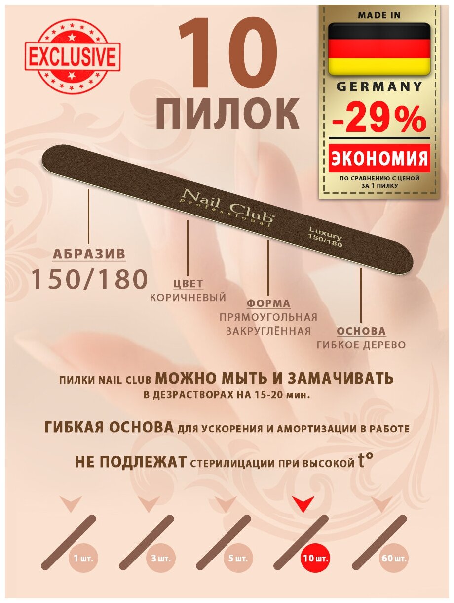 Nail Club professional Маникюрная пилка для опила ногтей серия Luxury, форма узкая прямая, абразив 150/180, 10 шт.