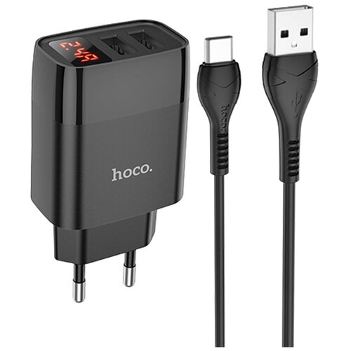 Адаптер питания Hoco C86A lllustrious charger с кабелем Lightning (2USB: 5V max 2.4A) с дисплеем Черный