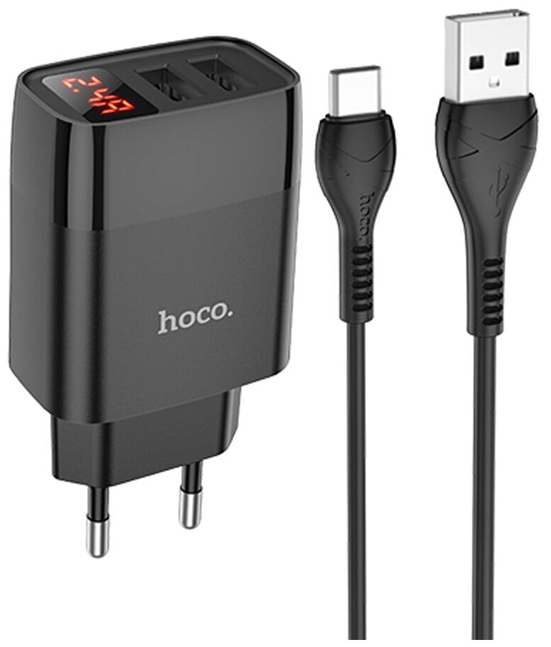 Адаптер питания Hoco C86A lllustrious charger с кабелем Lightning (2USB: 5V max 2.4A) с дисплеем Черный