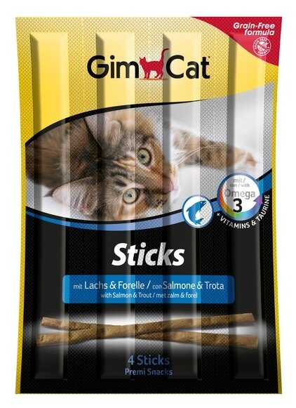Лакомство для кошек GimCat Sticks Лакомые палочки с лососем и форелью, 20г х 4шт. в уп. 80 г - фотография № 1