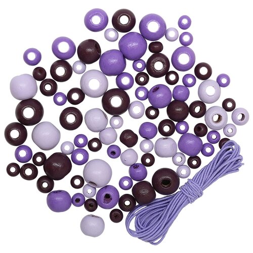 фото 160817 набор деревянных бусин со шнуром, фиолетовый микс, 6,8,10,12мм, 90шт/упак, астра. astra & craft