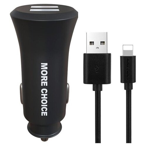 Автомобильное зарядное устройство 2USB 2.4A с кабелем Apple 8 pin More choice AC23i Black