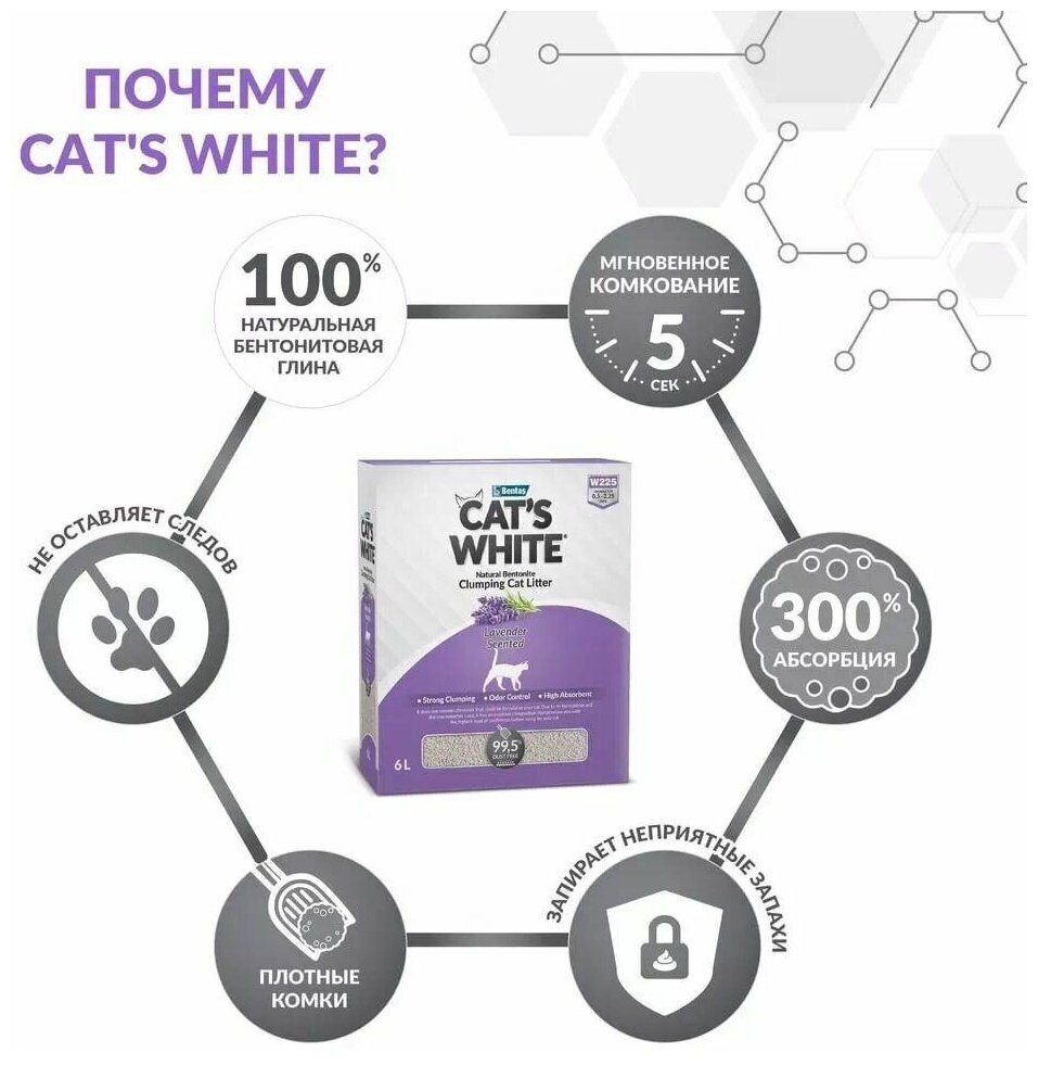 Cat's White BOX Lavender Наполнитель для кошачьего туалета комкующийся с ароматом лаванды 6л (5.1кг) - фотография № 11