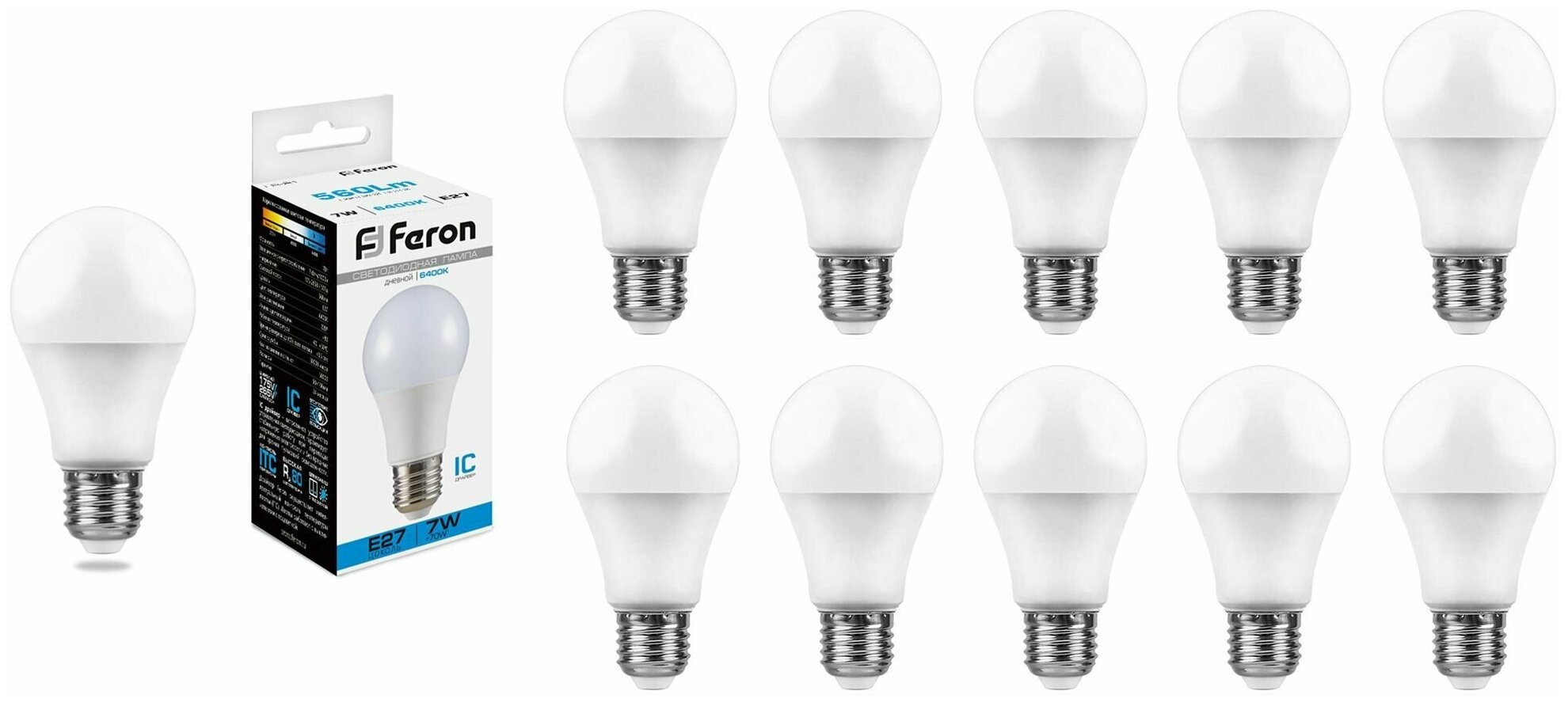 Лампочка светодиодная Feron 7W=70W 230V E27 Груша A60 560Лм Ra>80 6400К, упаковка 10шт.