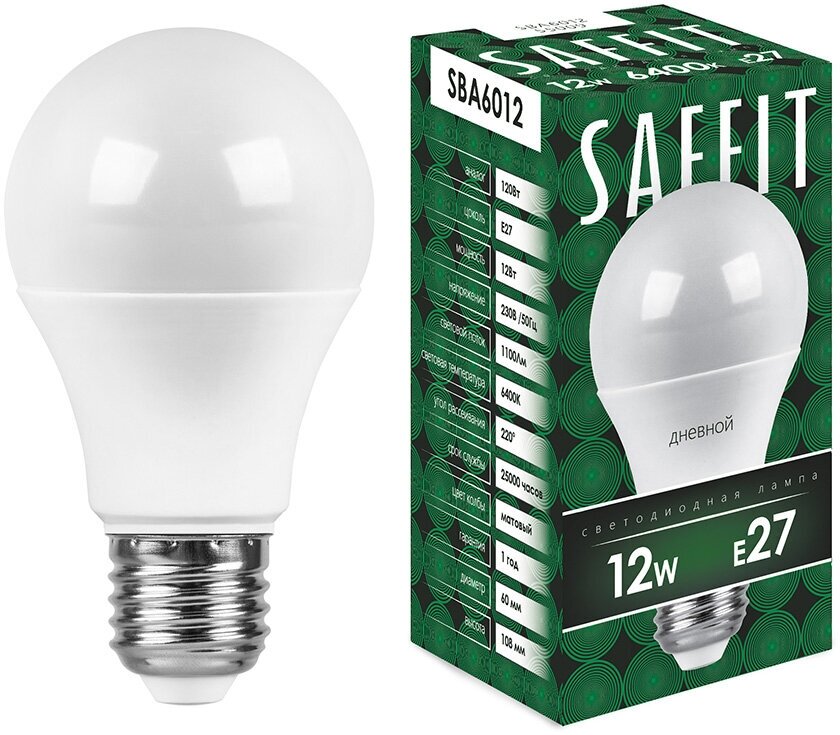 Лампа светодиодная, 12W 230V E27 6400K A60, SBA6012 SAFFIT