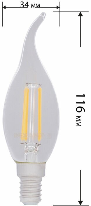 Лампочка филаментная REXANT Свеча на ветру CN37 9.5 Вт 950 Лм 4000K E14 прозрачная колба - фотография № 3