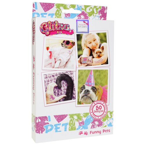 фото Набор для временных татуировок lukky glitza art, "смешные питомцы", 50 видов клейкого дизайна на 2 листах, 2 баночки с блестками по 1 г, кисточка, коробка (т18783)