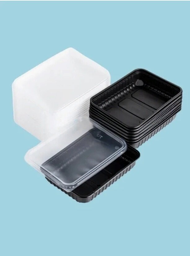 Набор одноразовых пластиковых плоских прямоугольных черных пищевых контейнеров с прозрачной герметичной крышкой ПакМаркет 20 шт. по 750 мл. - фотография № 6