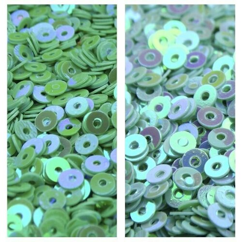 Комплект из двух видов товара: пайетки непрозрачные 4 мм, цвета: зеленый 10 гр, мятный 10 гр. Всего в комплекте 20 гр. товара.