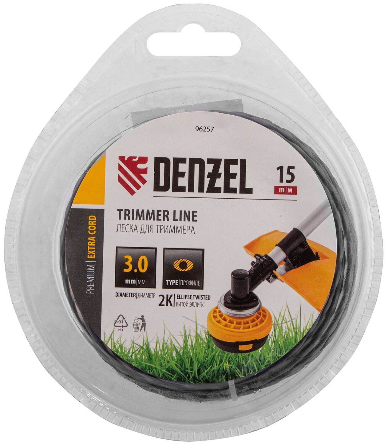 фото Леска для триммера двухкомпонентная Denzel эллипс 3,0мм х 15м, блистер EXTRA CORD 96257