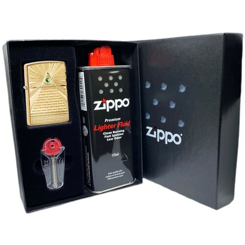 Подарочный набор ZIPPO ( Зажигалка ZIPPO 49060 Armor, золотистая, с покрытием High Polish Brass + кремни + топливо, 125 мл )