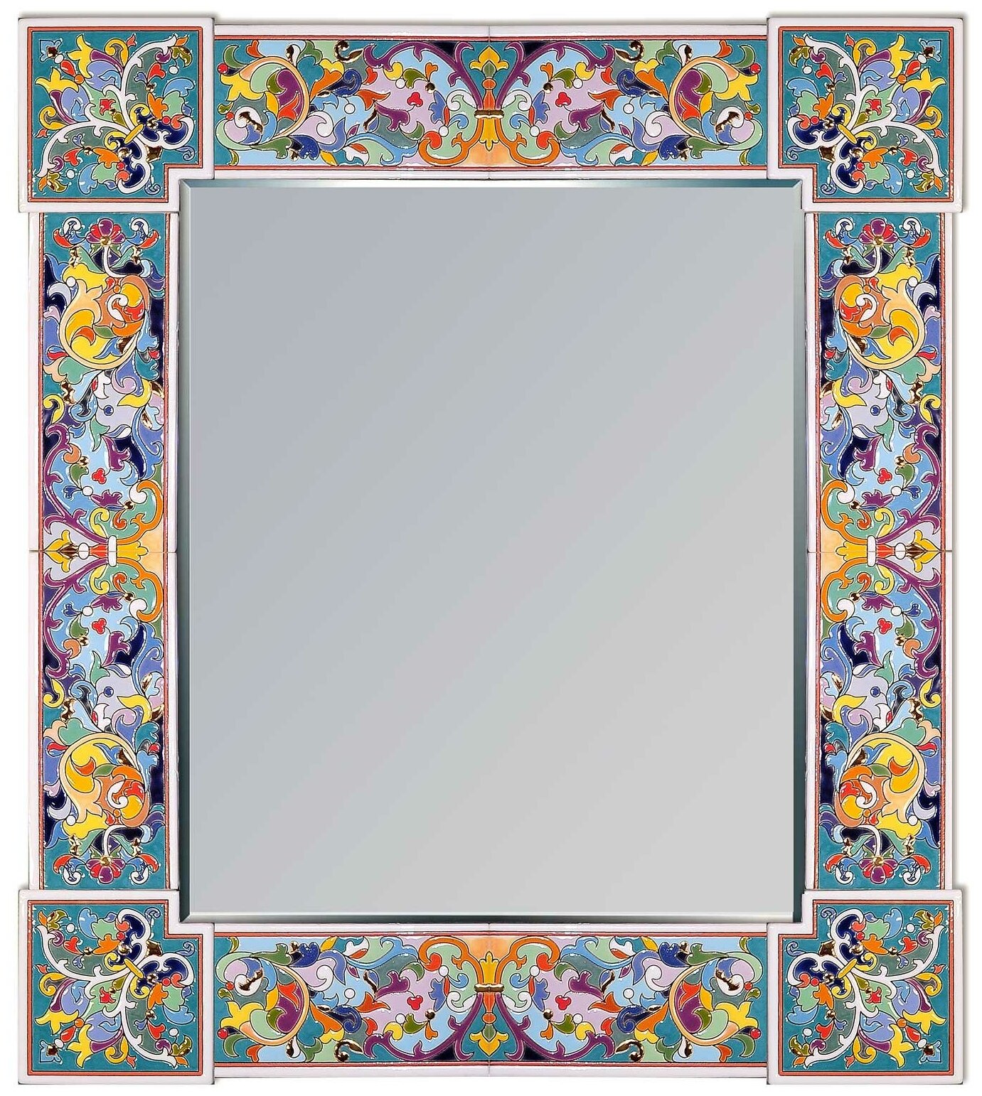 Зеркало в авторской керамической раме в технике исполнения Cuerda Seca, размер 85х75 см, З-8575 - фотография № 2