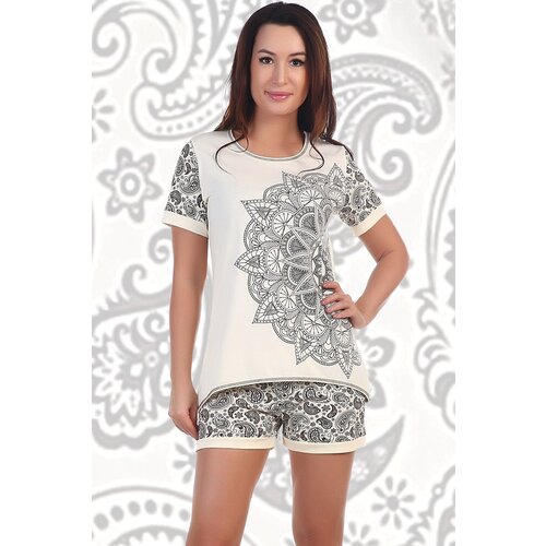 фото Пижама натали, футболка, шорты, застежка отсутствует, короткий рукав, пояс на резинке, без карманов, размер 50, бежевый