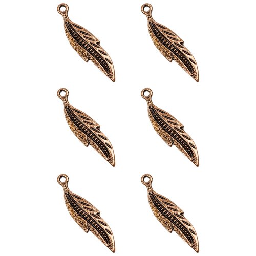 фото Набор подвесок, перышко, длина - 33 мм, ширина - 8 мм, толщина - 1, 9 мм, диаметр отверстия - 2 мм, материал: сплав олова с покрытием "старинная медь", 6 шт. kaboshon