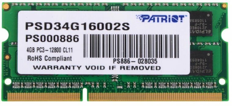 Модуль памяти Patriot Memory SL 4GB DDR3 1600MHz SODIMM 204-pin CL11 PSD34G16002S