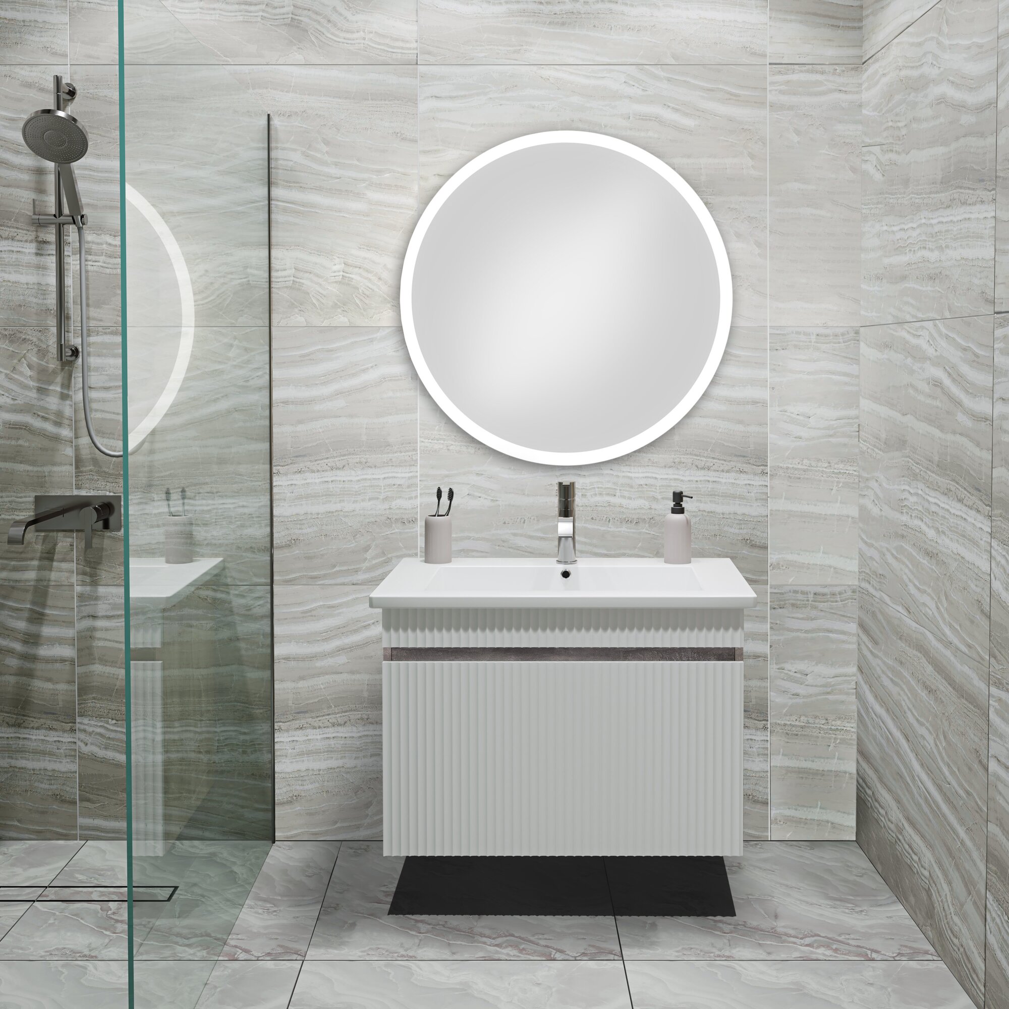Мебель для ванной Модена 75, железный камень (тумба с раковиной, зеркало Руан D 77)
