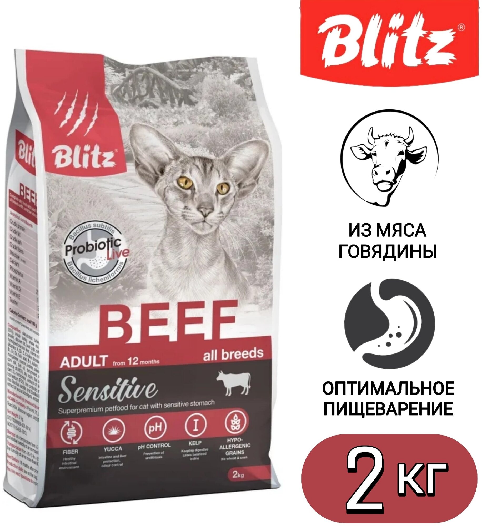 Корм для кошек сухой с говядиной 2 кг Blitz