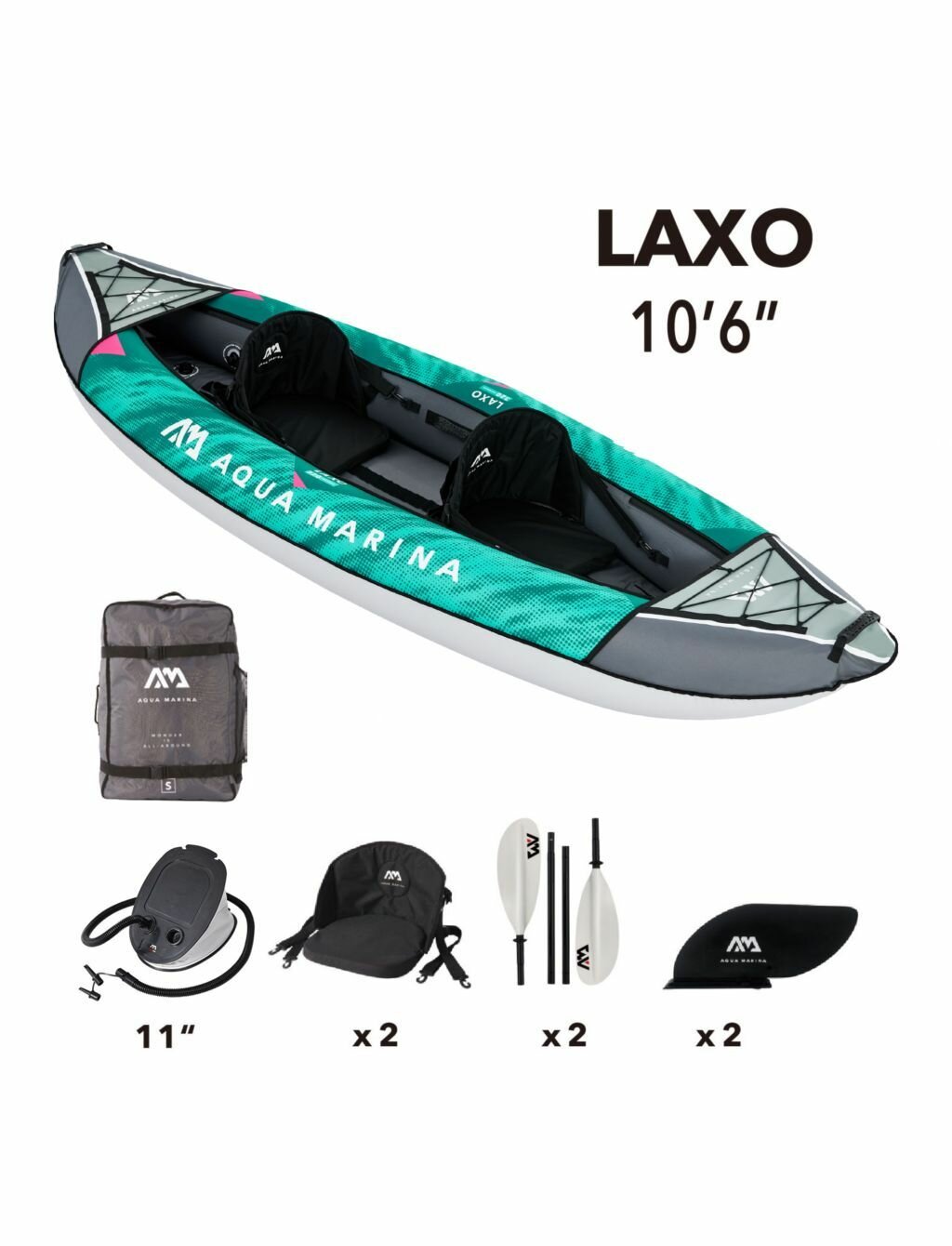 Каяк надувной двухместный с веслами Aqua Marina Laxo-320 размеры 320x90 см, в комплекте рюкзак, насос, весла плавник и сиденье (LA-320)