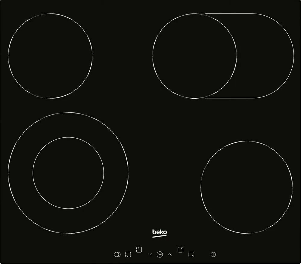 Варочная панель электрическая BEKO HIC64403T, мощность 6900 Вт, двухконтурная конфорка, овальная зона нагрева, черная