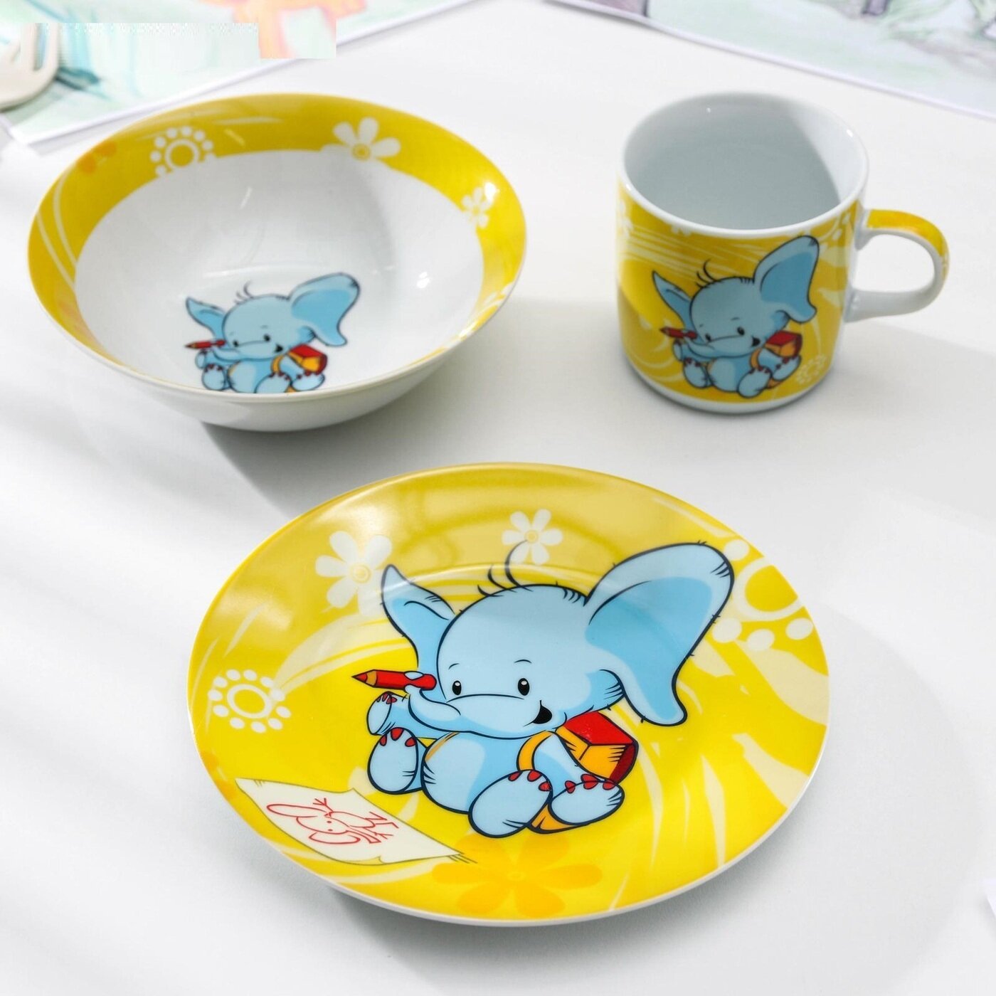Набор посуды для детей, Слоненок, 3 предмета: кружка 230 мл, миска 400 мл, тарелка 18 см