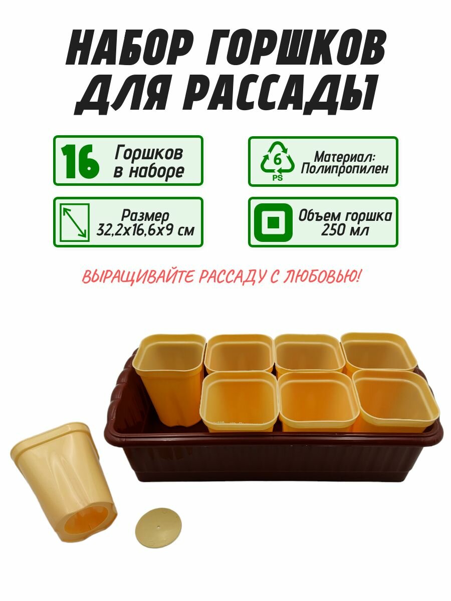 Набор из 16 горшков со съемным дном и 2 поддонами, 0,25 л, 322х166х90 мм. Горшочки имеют выдвижное донышко, что обеспечит удобную безболезненную высадку в открытый грунт