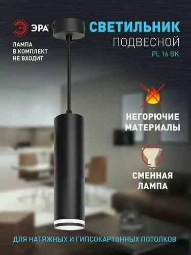 Изображение товара Светильник потолочный подвесной ЭРА PL16 BK, металл, GU10, черная