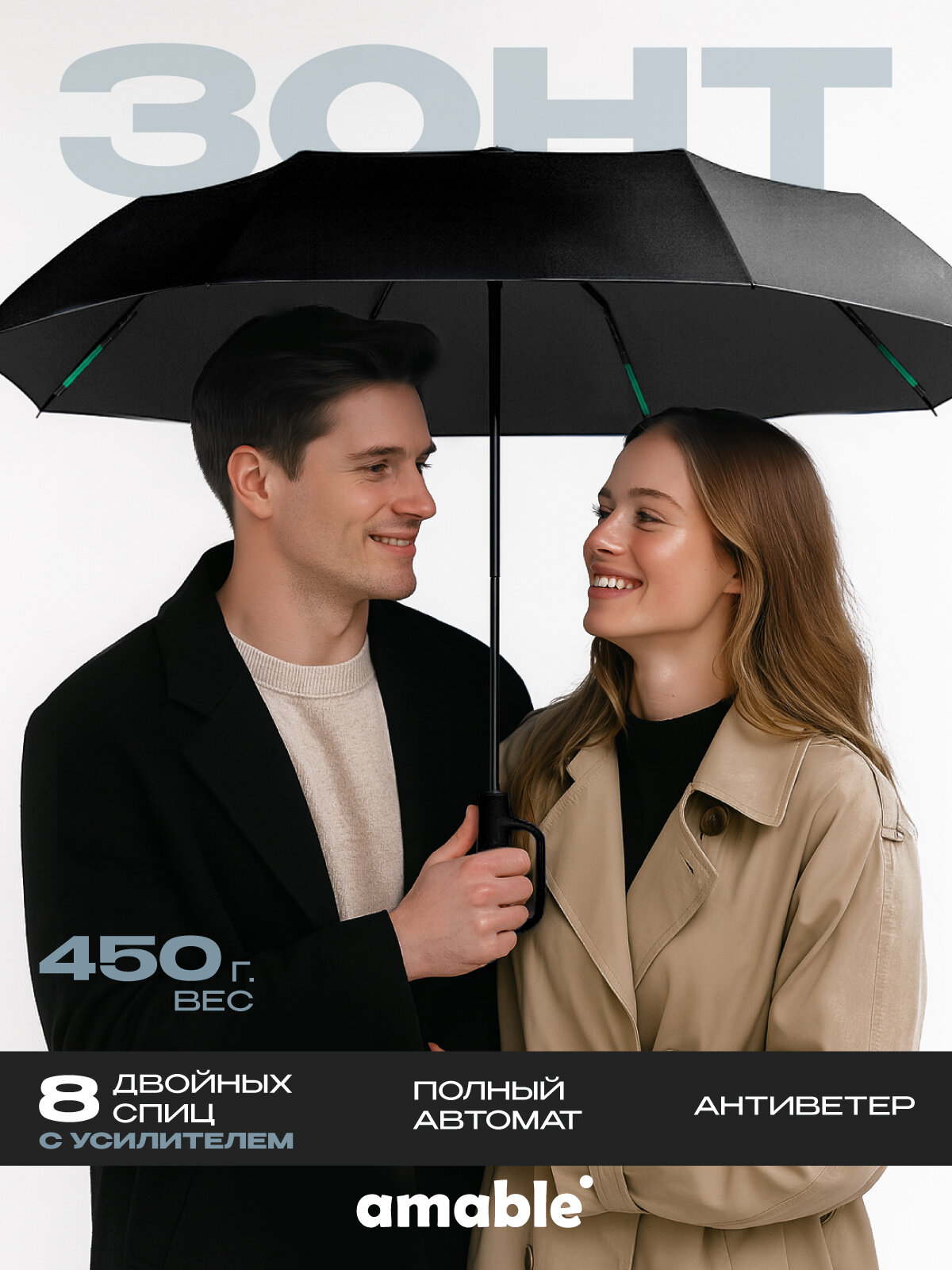 Смарт-зонт amable, черный — фото 1