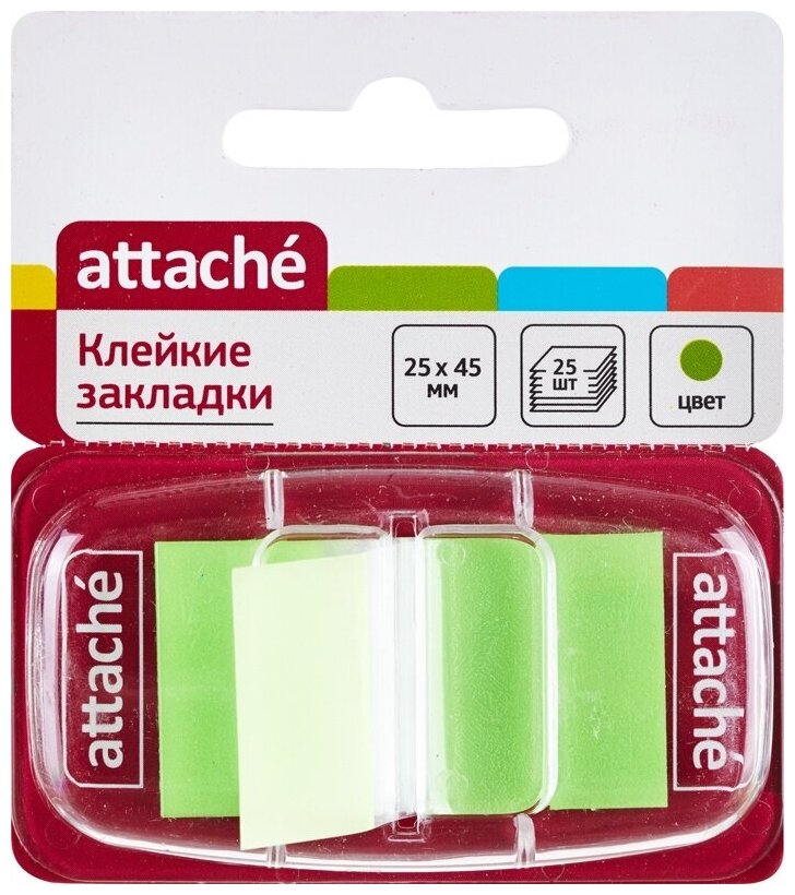 Клейкие закладки Attache пластиковые, 1 цвет по 25 листов, 25х45 мм, зеленый
