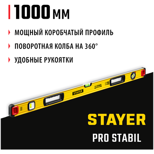 STAYER 1000 мм, 3 глазка, точность 0.5 мм/м, уровень строительный фрезерованный PRO STABIL 3471-100_z02