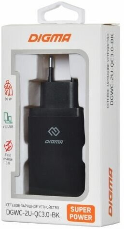 Зарядное устройство сетевое Digma DGWC-2U-QC3.0-BK 2xUSB, 3A, черное