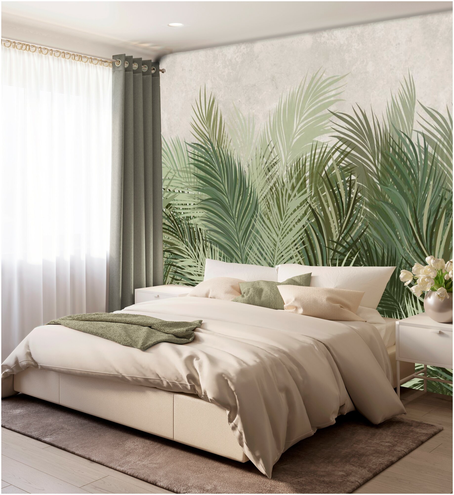 Фотообои флизелиновые с виниловым покрытием VEROL "Перья зелено-серые", 300х283 см, моющиеся обои на стену, декор для дома