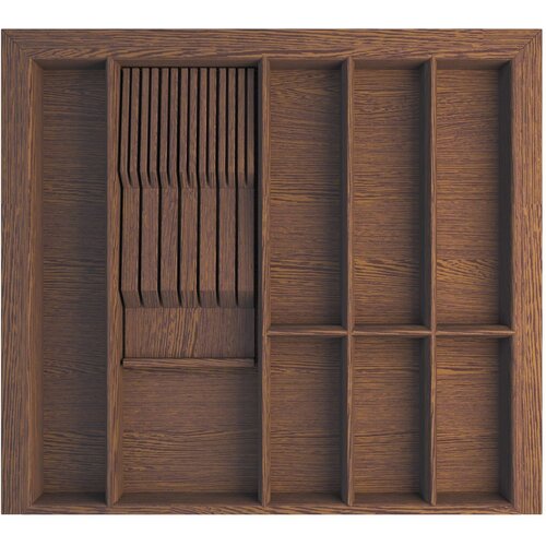 Деревянный лоток вкладыш для столовых приборов и кухонных принадлежностей, ложек, вилок, ножей. Ручной работы с держателем 13 ножей TETRIS V7 в ящик Blum LEGRABOX в базу 600 из массива дуба / орех темный