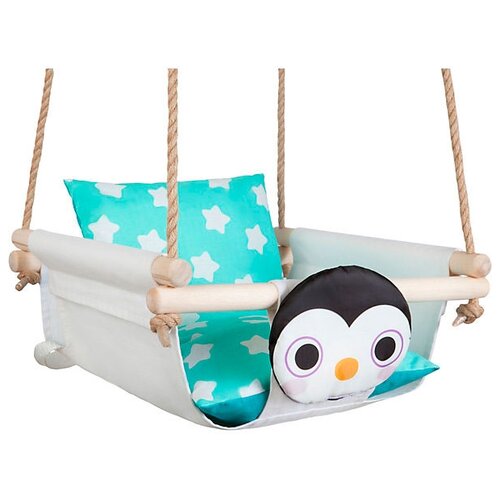Детские качели со спинкой и подушками Пингвин на снегу, для дачи/дома, swh1white