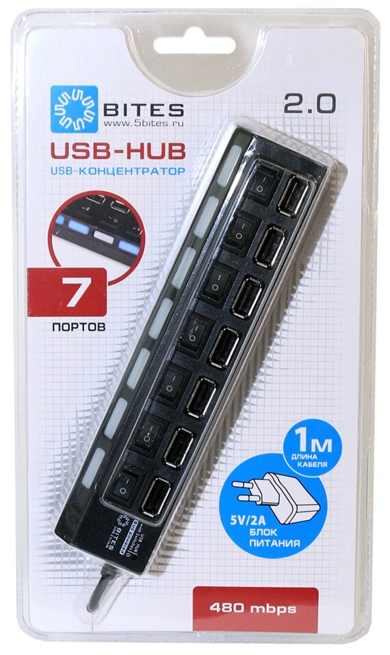 Разветвитель USB 5BITES HB27-203PBK, BLACK