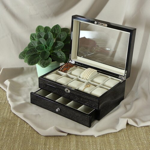 Шкатулка для хранения ювелирных украшений, 2 яруса, с замком, прозрачная крышка, размер 28*20*14, черная